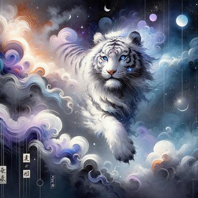 The primary subject of the image is a white tiger, which is the main focus of the scene. The tiger is flying through a cloudy sky, surrounded by a colorful and whimsical environment. The visual style of the image is digital art, as it appears to be a painting or illustration created using digital tools. The colors and mood of the image are vibrant and lively, with the white tiger standing out against the backdrop of the cloudy sky.